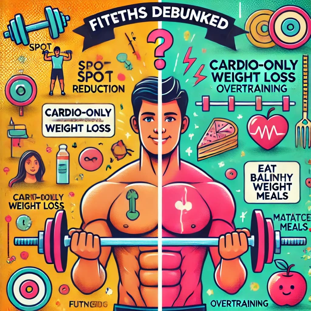 fitness myths debunked, featuring a split image. On one side, a person struggling with fitness myth